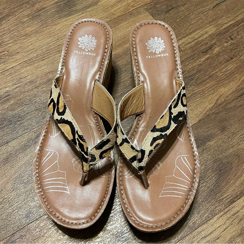 Yellow box wedges with leopard straps. Size 11.